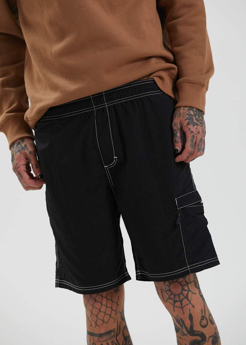 Baywatch Utility Recycled Elastic Waist Shorts in Black